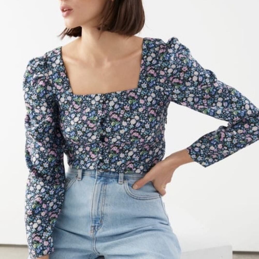 & Other Stories Navy Floral Square-Neck Blouse